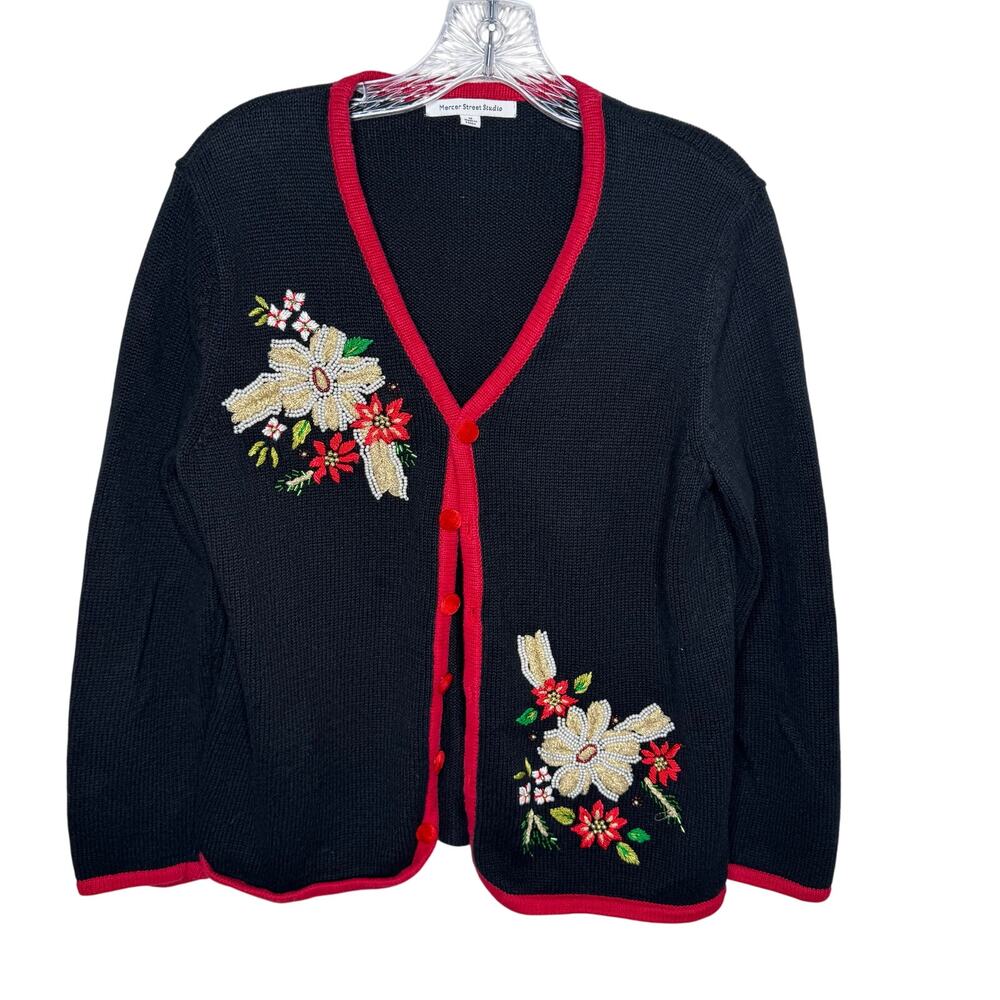 Mercer Street Studio M Black‎ Red Beaded Floral Cardigan Sweater Holiday Vintage